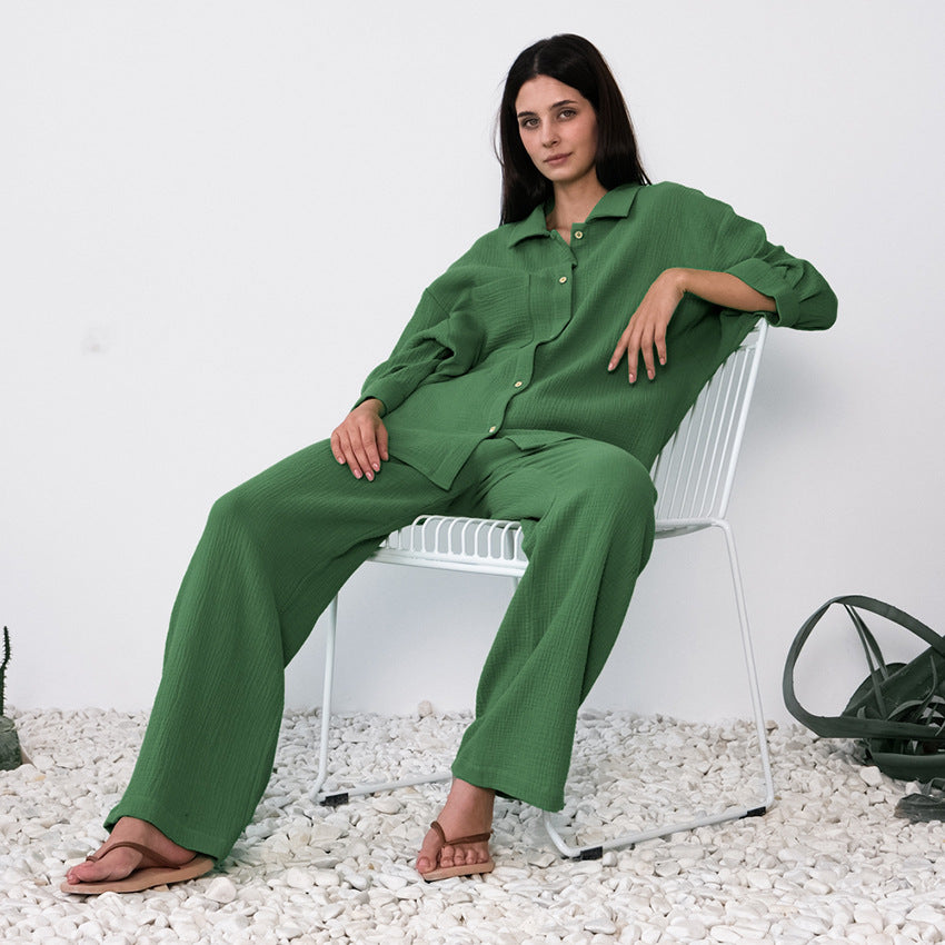 Green linen pajama set from Comfortable Skin Friendly Winter Pajamas, perfect for lounge fashion