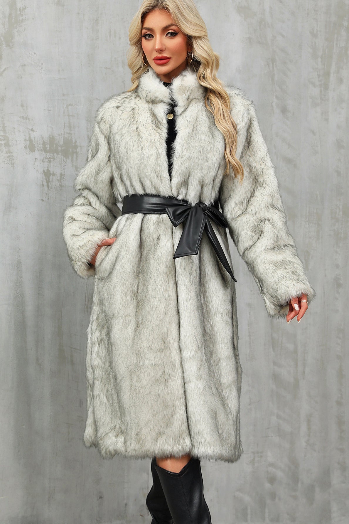Long faux fur overknee coat in light gray with high collar and bow belt