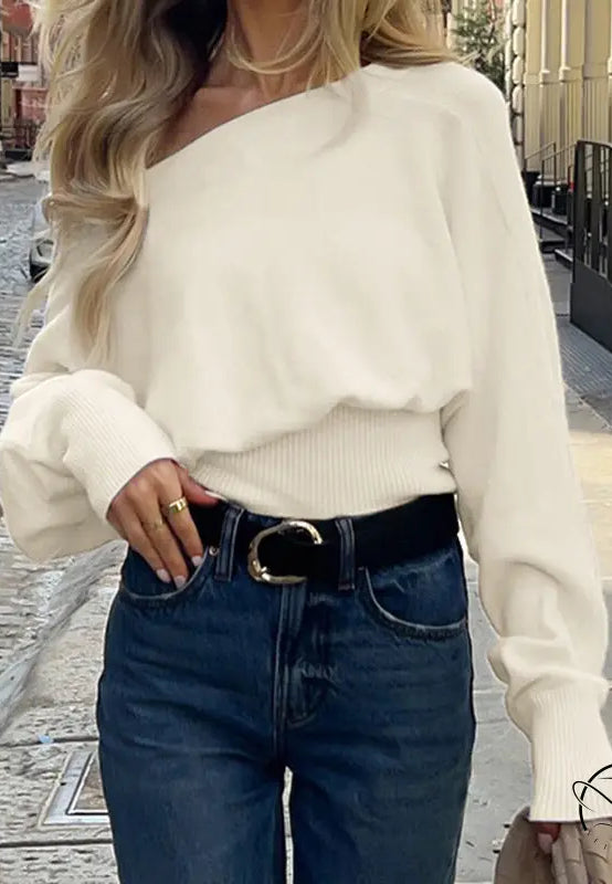 White langry one-shoulder knit sweater with bell sleeves
