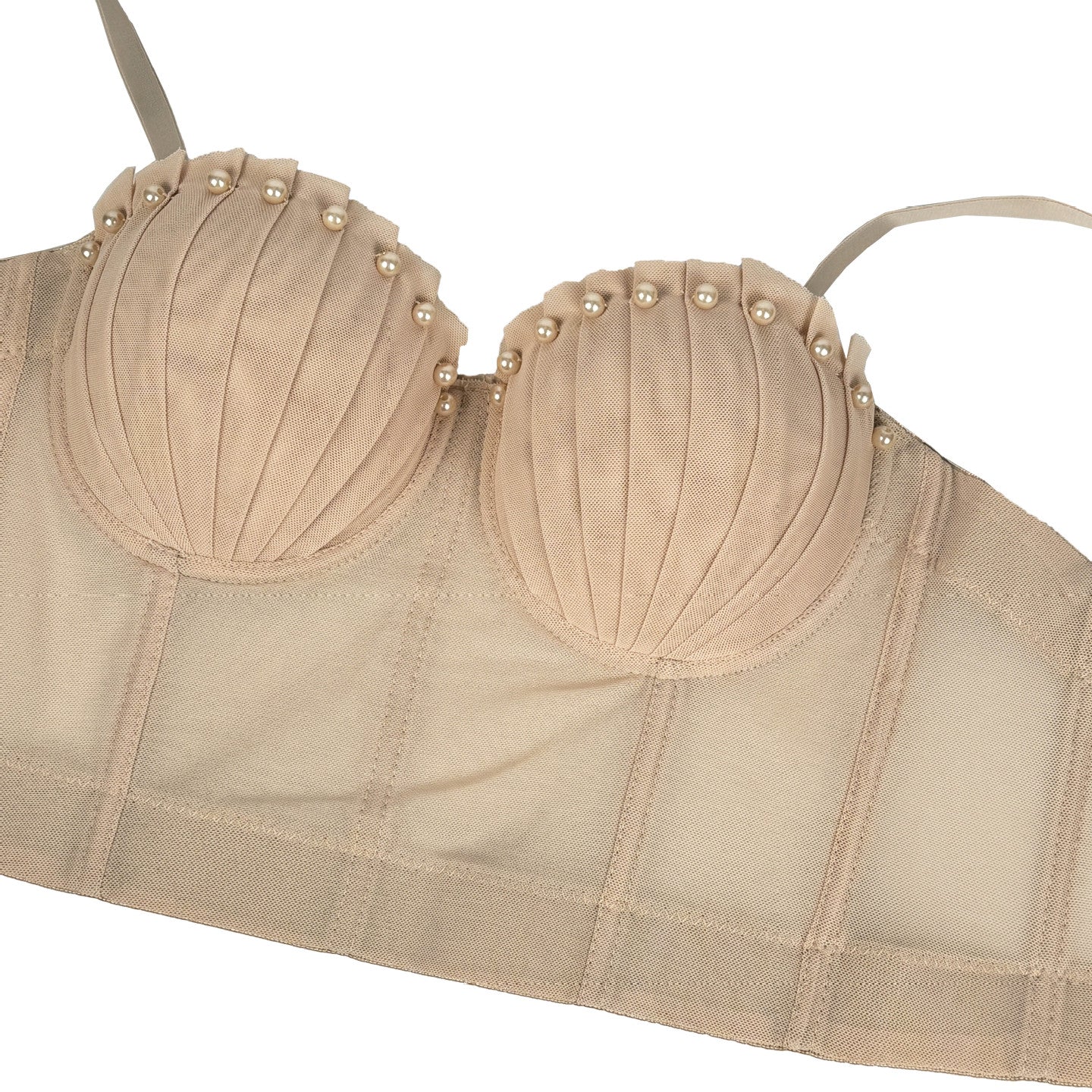 Langry fashion beige lace bra with pearl and sheer panels in mesh corset