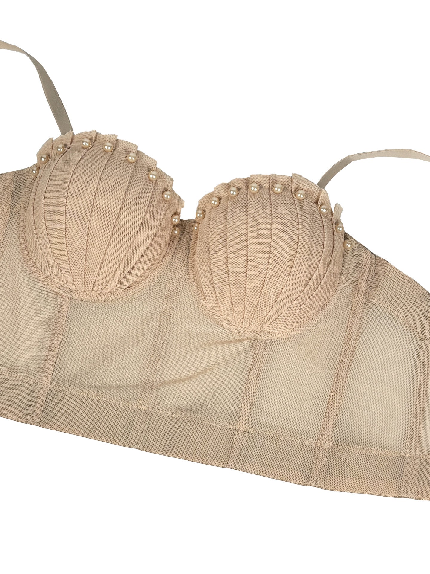Langry fashion beige lace bra with pearl and sheer panels in mesh corset