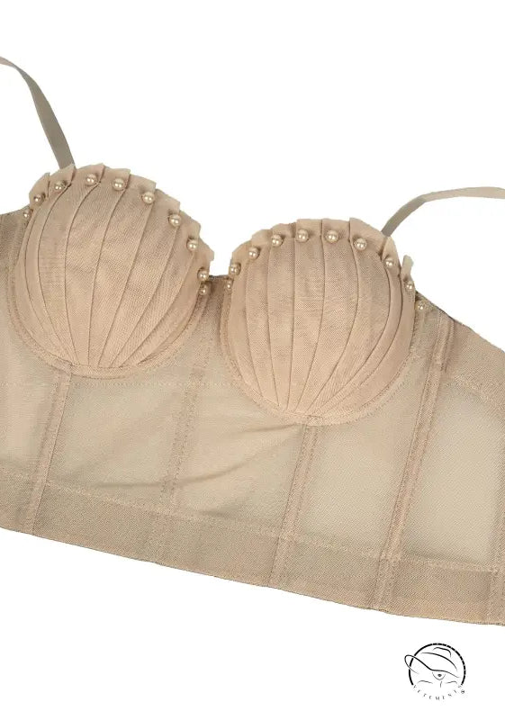 Beige lace bra with pearl embellishments in Langry fashion corset