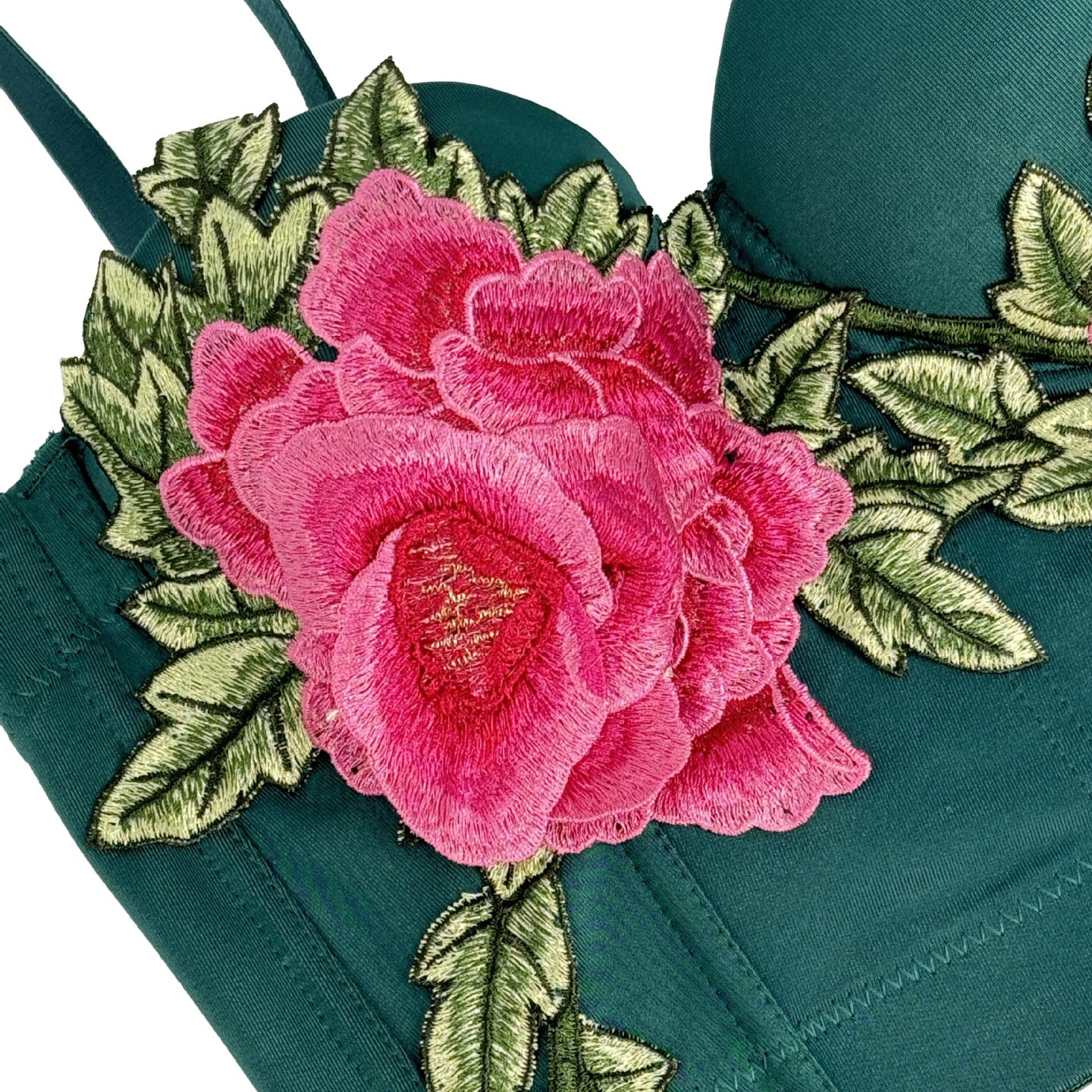 Langry embroidered floral short boning corset with green bra, pink rose, gold leaves