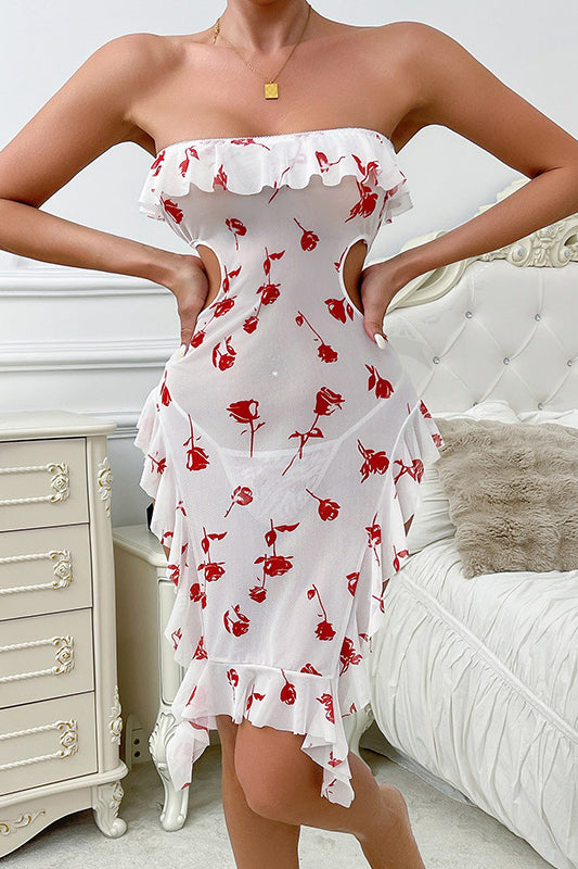 Elegant langry fashion white off-shoulder dress with red rose print and ruffled hem in mesh nightdress style
