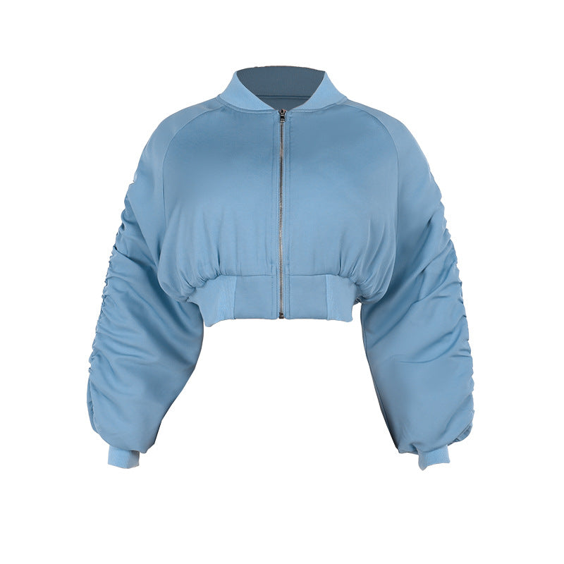 Light blue cropped bomber jacket from Langry for a stylish casual look in ملابس
