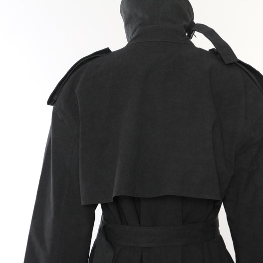 Langry fashion casual trench coat: black military-style with wide lapels and belt