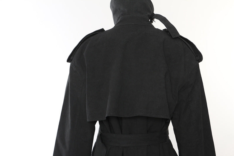 Langry fashion casual trench coat: black military-style with wide lapels and belt