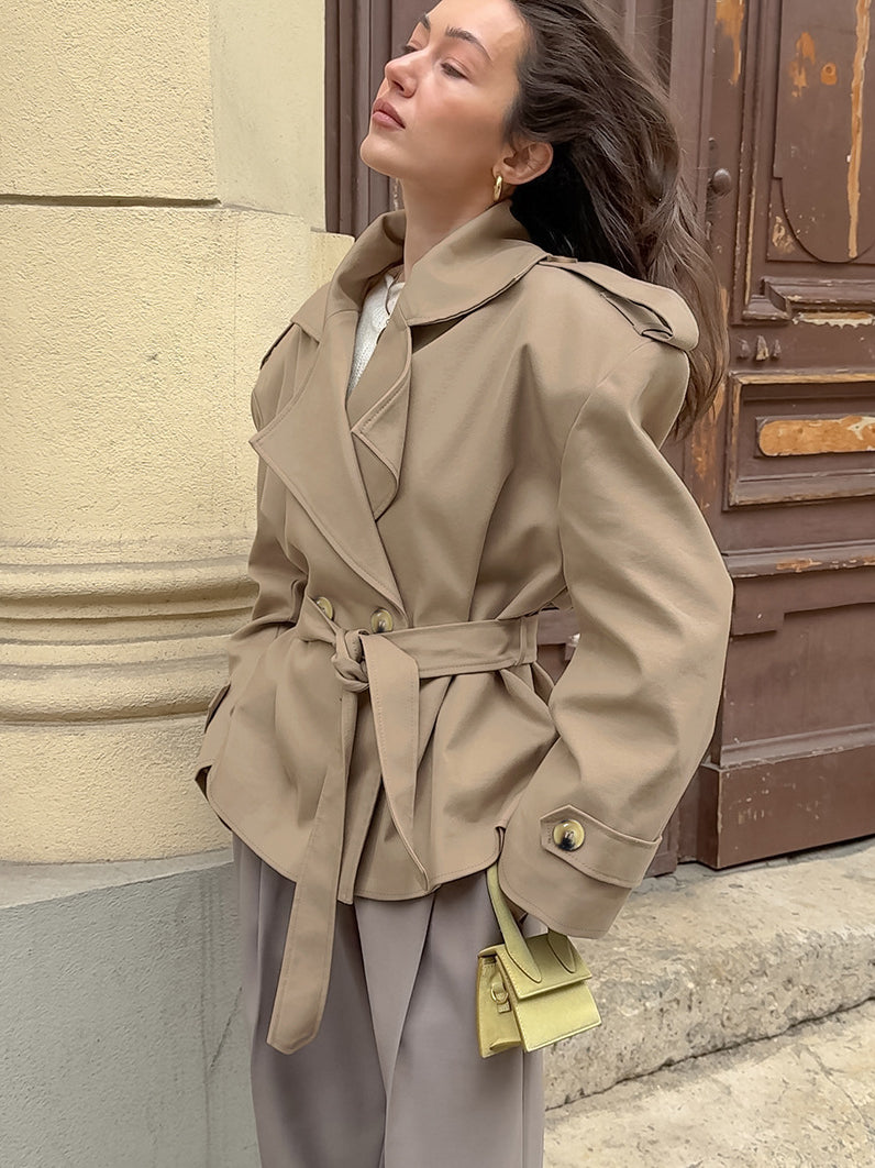 Langry fashion khaki mid-length trench coat with gold buttons and belt