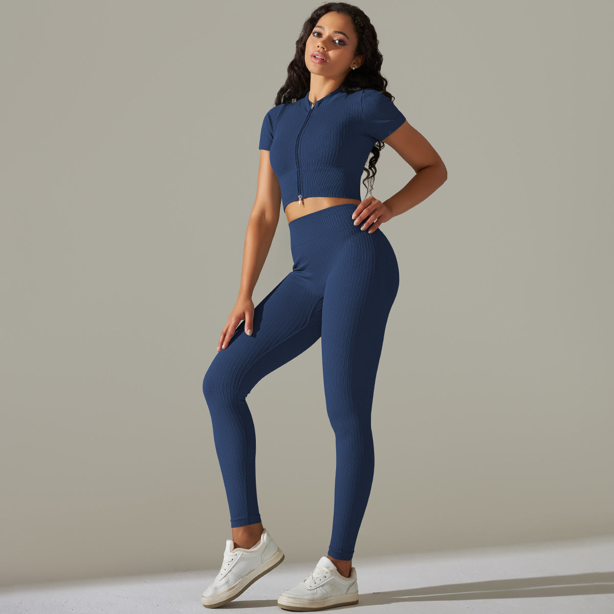Blue ribbed athletic set from Seamless Knitted Peach Hip High Waist Yoga Sets