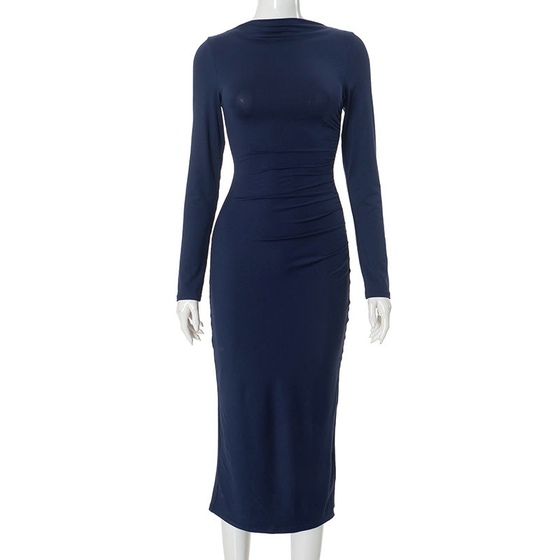 Navy blue long-sleeved midi dress showcasing elegant fashion and stylish ملابس
