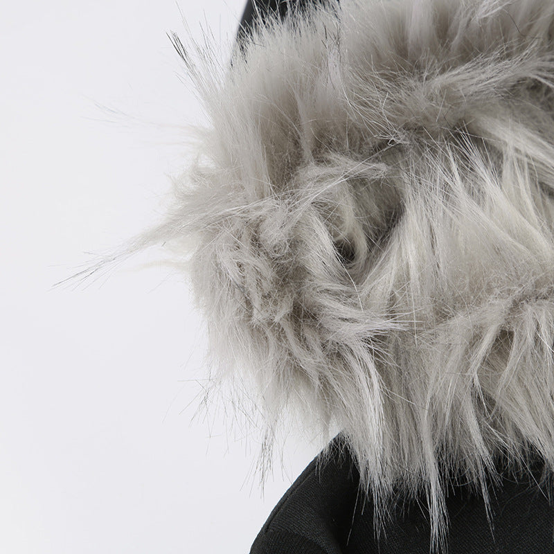 Close-up of fluffy grey faux fur trim on Retro Five Pointed Star Element Fur Collar Coat for fashion enthusiasts