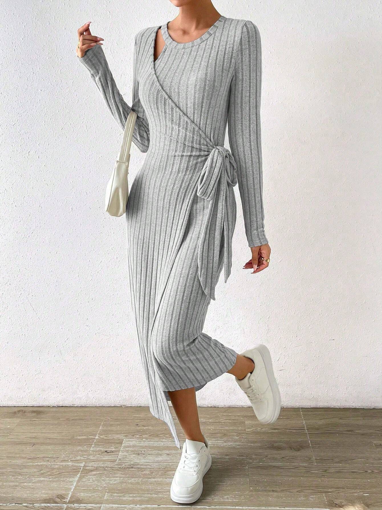 Gray ribbed knit maxi dress with long sleeves and tied waist