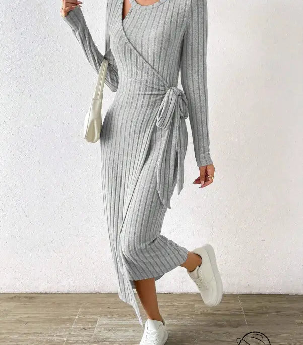 Warm gray ribbed knit maxi dress with long sleeves and tied waist
