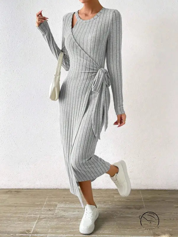 Warm gray ribbed knit maxi dress with long sleeves and tied waist