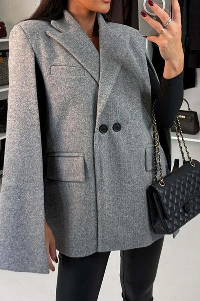 Elegant gray wool-blend fashion blazer with bell sleeves and pockets