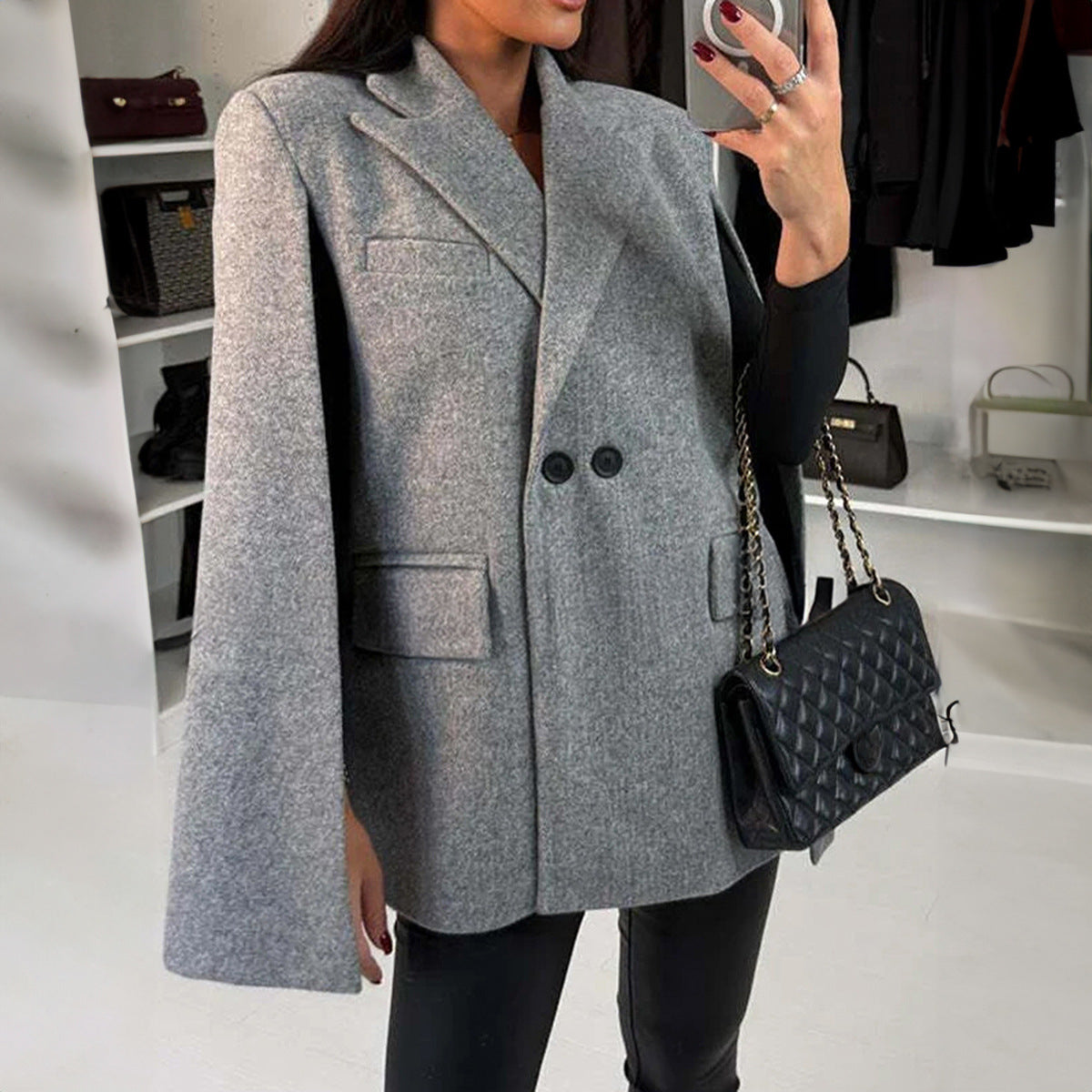 Elegant gray wool-blend fashion blazer with bell sleeves and pockets