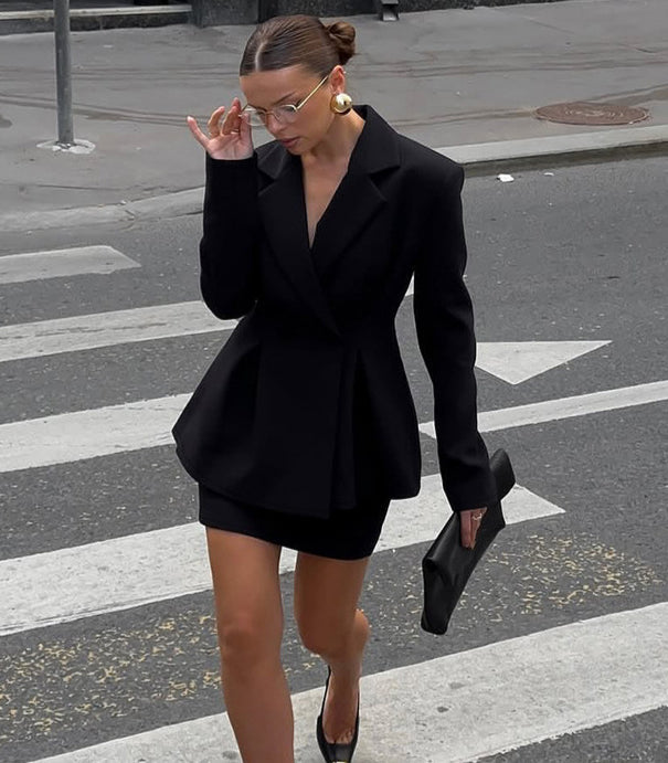 Black elegant langry fashion blazer dress with flared skirt