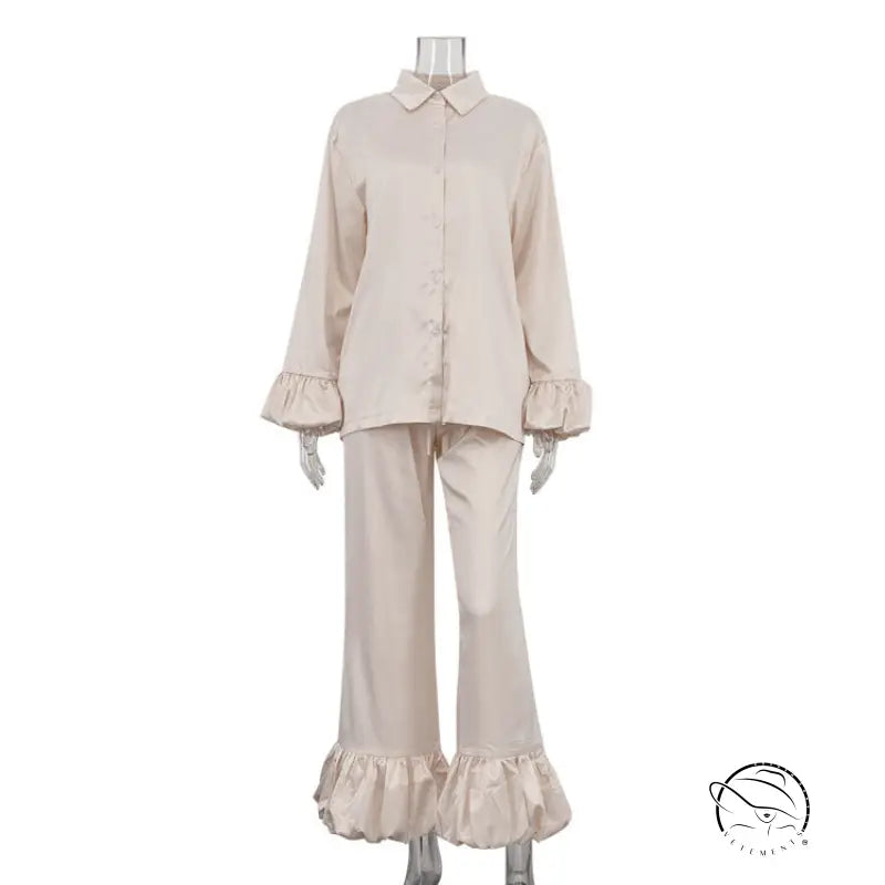 Stitching Bell Sleeve Polo Collar Top Loose Trousers Two Piece Sets