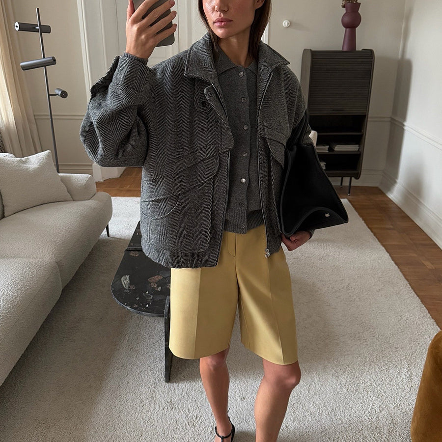 Gray oversized corduroy Langry fashion coat with black pockets, woolen design, leather sandals