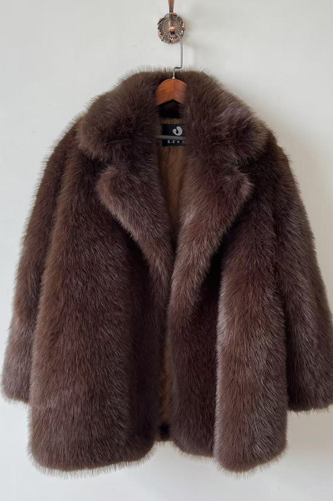 Langry faux fur warm collar mid-length fox jacket in brown