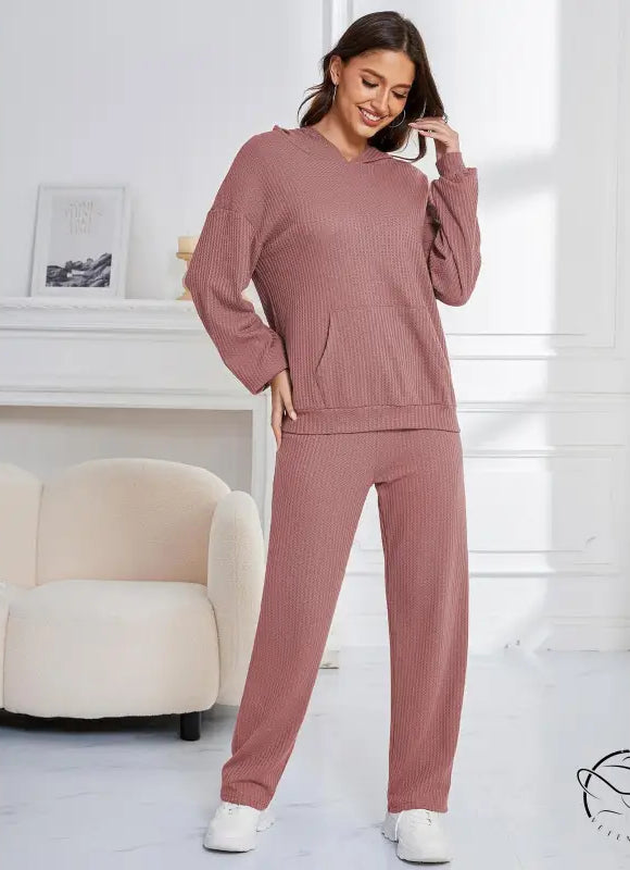 Mauve ribbed knit hooded casual suit lounge set for women