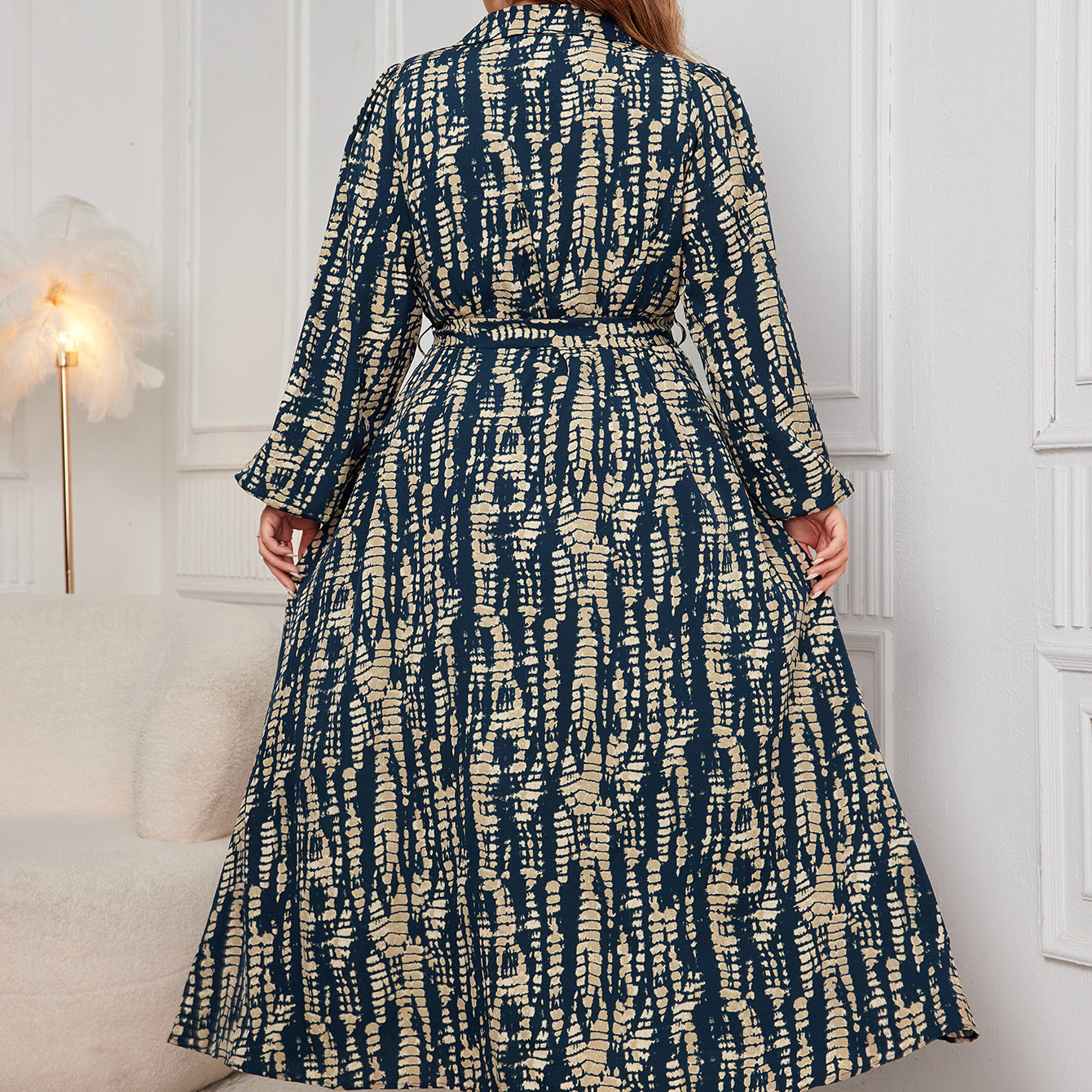 Plus-size tie-dye print long sleeve dress from Langry Fashion, Polo Collar style