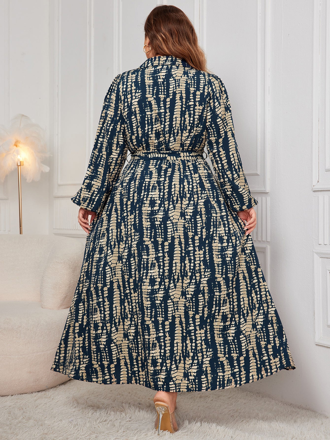 Plus-size tie-dye print long sleeve dress from Langry Fashion, Polo Collar style