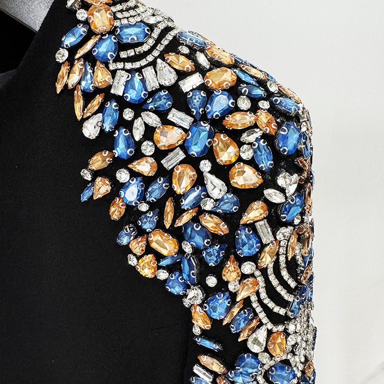 Autumn Winter Star Heavy Industry Beads Diamond Embedded Long Sleeve Mid Length Dress