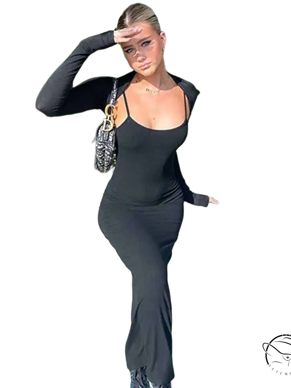 Black long-sleeved summer comfort dress with flared legs