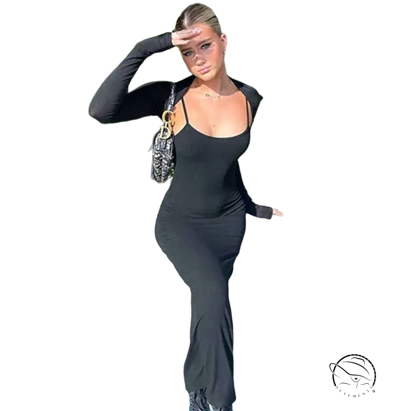 Black long-sleeved summer comfort dress with flared legs