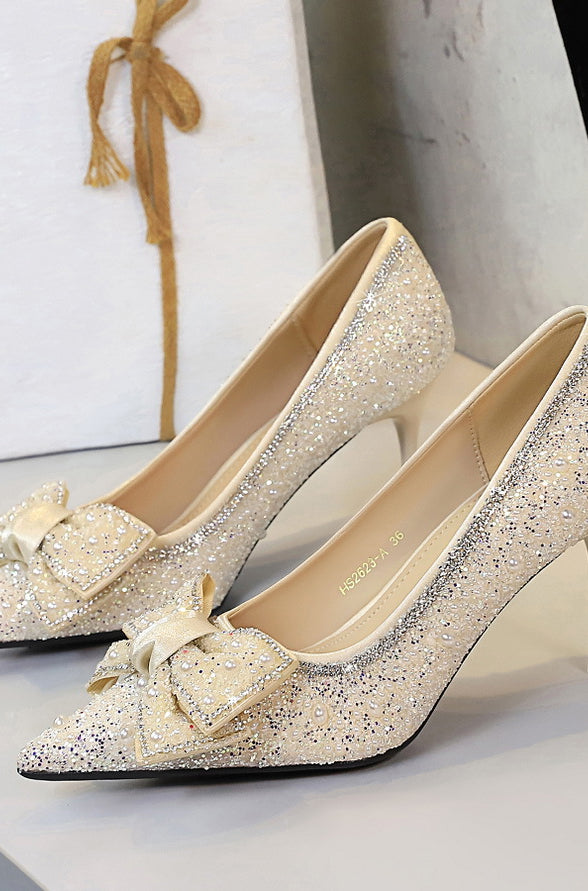 Langry fashion glittery gold stiletto pumps with bowknot rhinestones