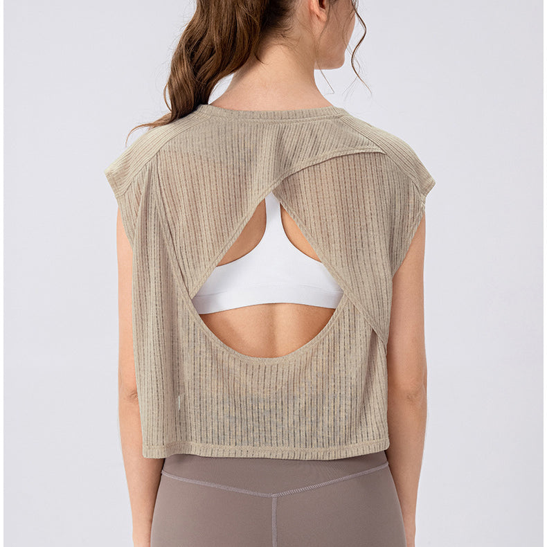 Summer Yoga Blouse Women Hollow out Cutout Breathable Sleeveless Top Short Loose Running Sports Workout
