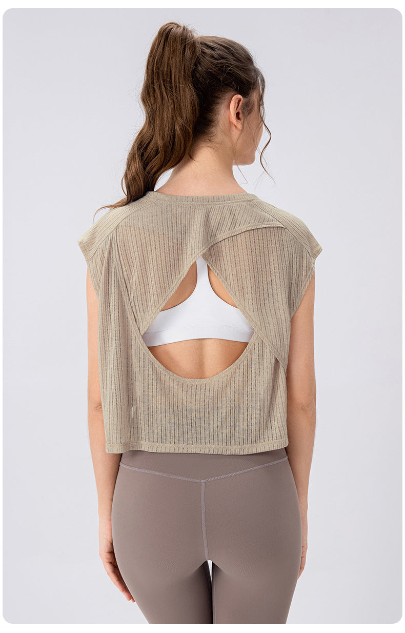 Summer Yoga Blouse Women Hollow out Cutout Breathable Sleeveless Top Short Loose Running Sports Workout