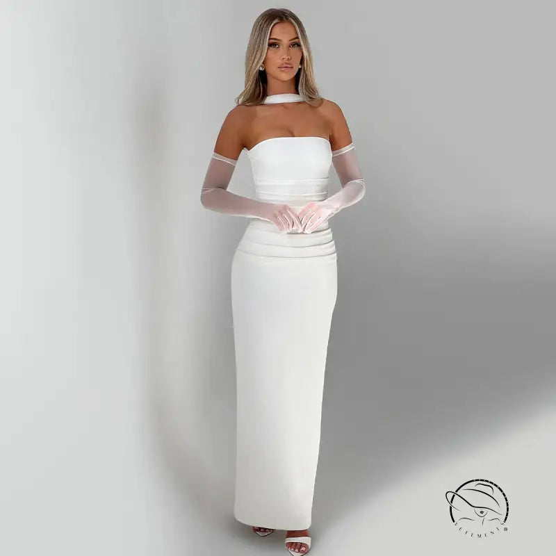 Elegant white strapless langry fashion gown for winter evenings