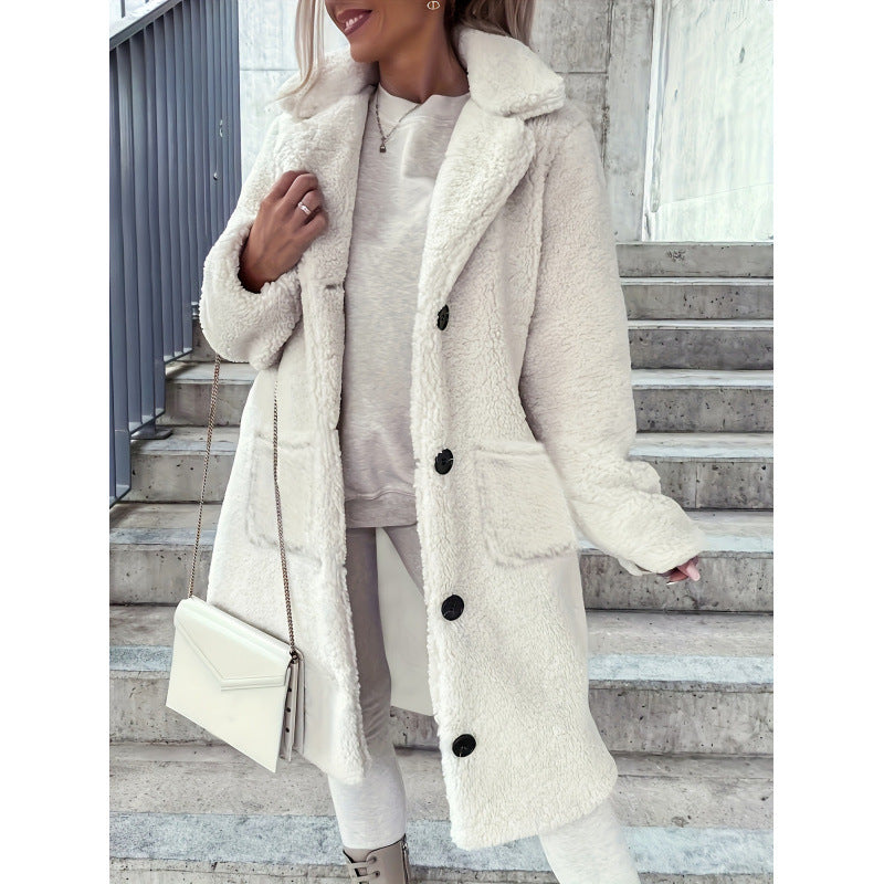 Creamy faux fur coat with buttons, stylish langry fashion, ملابس luxurious comfort