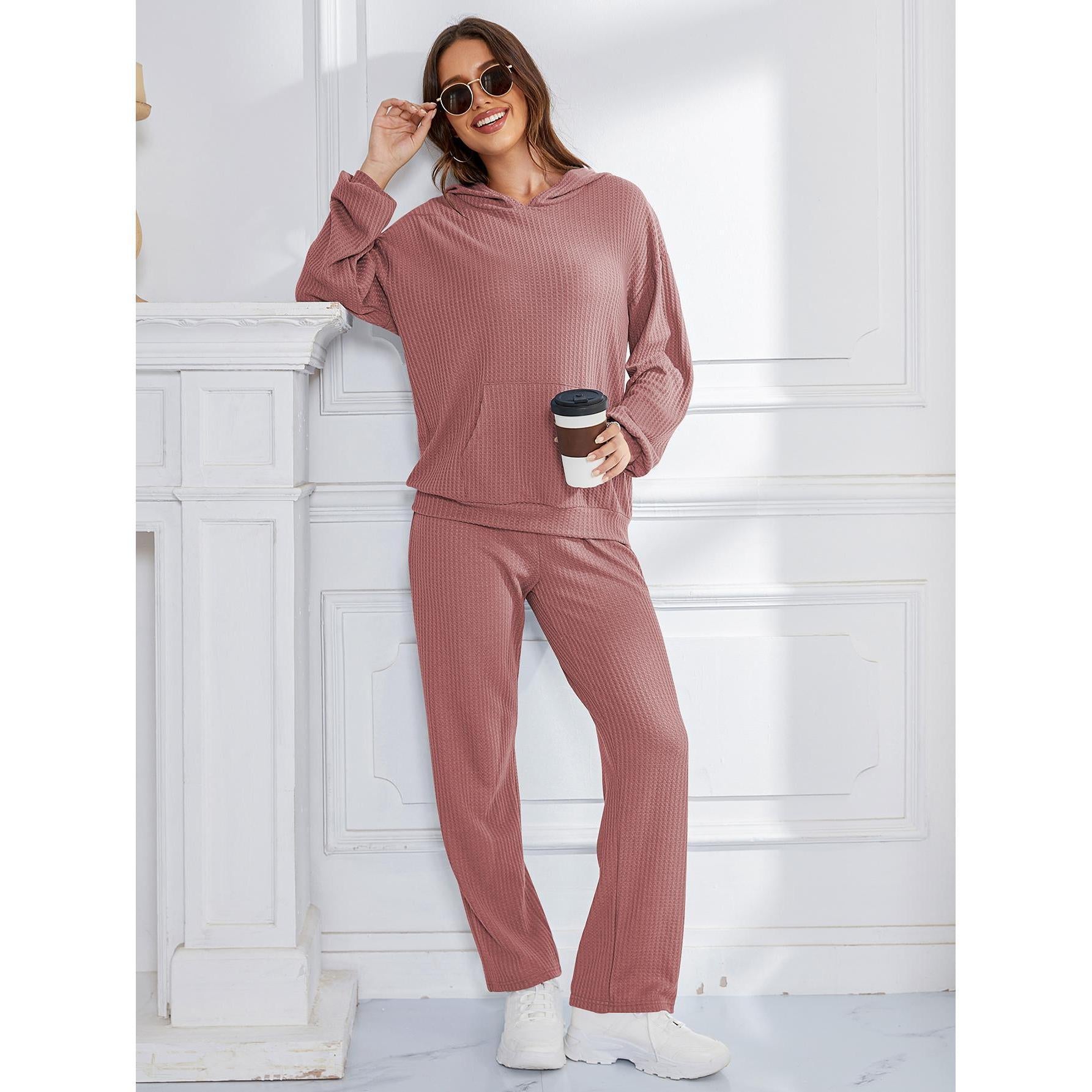 Woman modeling mauve ribbed lounge set from Hooded Casual Suit Women Pajamas collection
