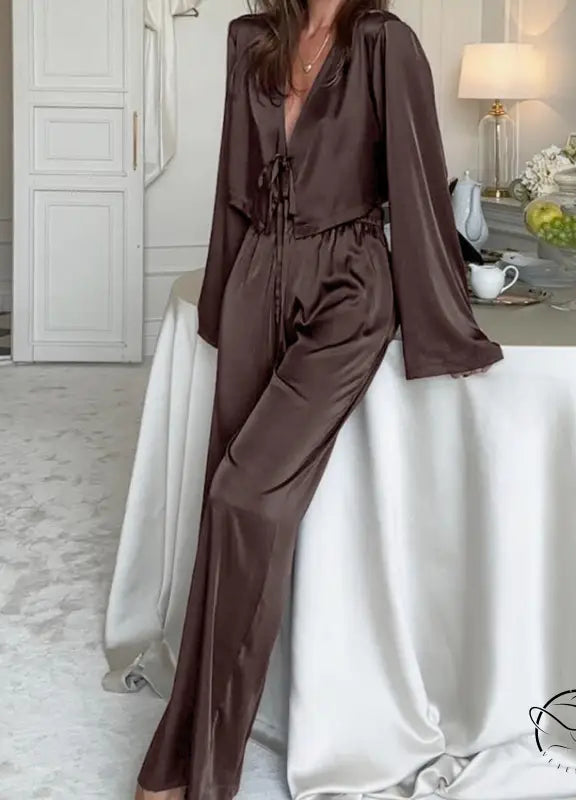Brown satin pajama set in casual comfortable soft homewear