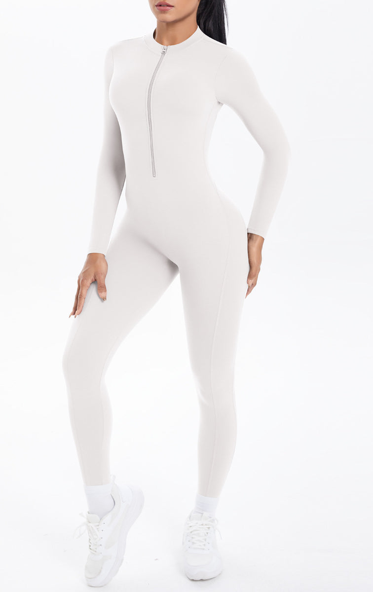 White long sleeve zip-front one-piece yoga athletic suit in Langry fashion