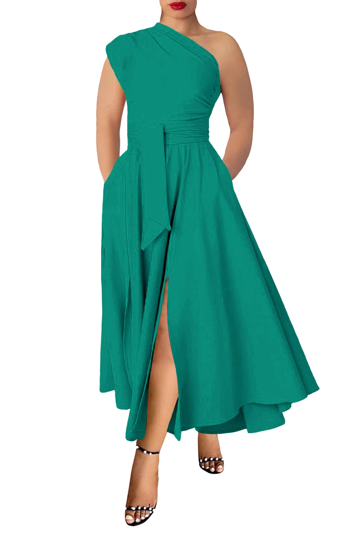 Green plus size satin one-shoulder maxi dress with high slit and pockets