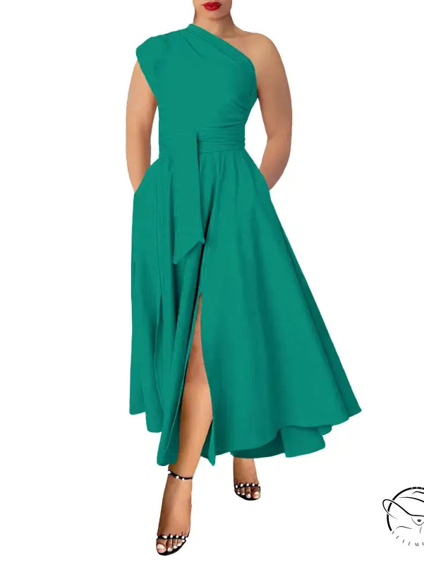 Green plus size satin one-shoulder waist tight swing maxi dress