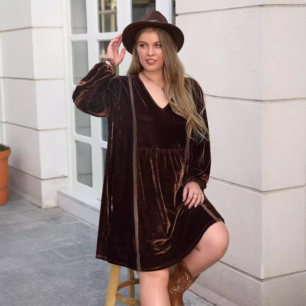 Brown velvet mini dress with long sleeves and decorative trim, perfect for loose slimming casual style