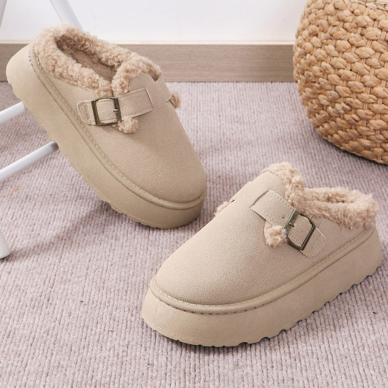 Beige faux-fur-lined buckle clogs from Langry, ideal fashion for cozy casual wear