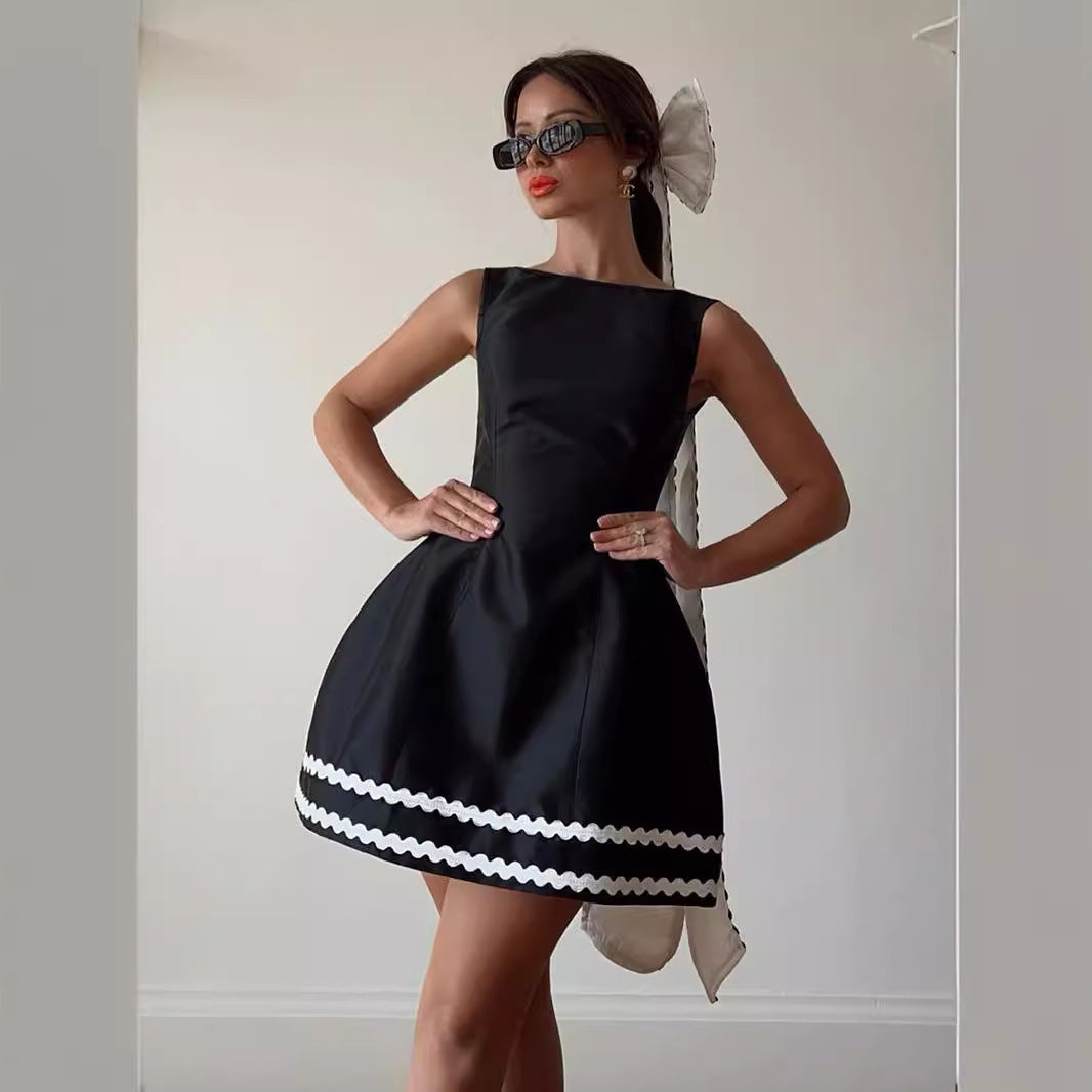 Black sleeveless line dress with white scalloped hem from Summer Adult Lady Like fashion