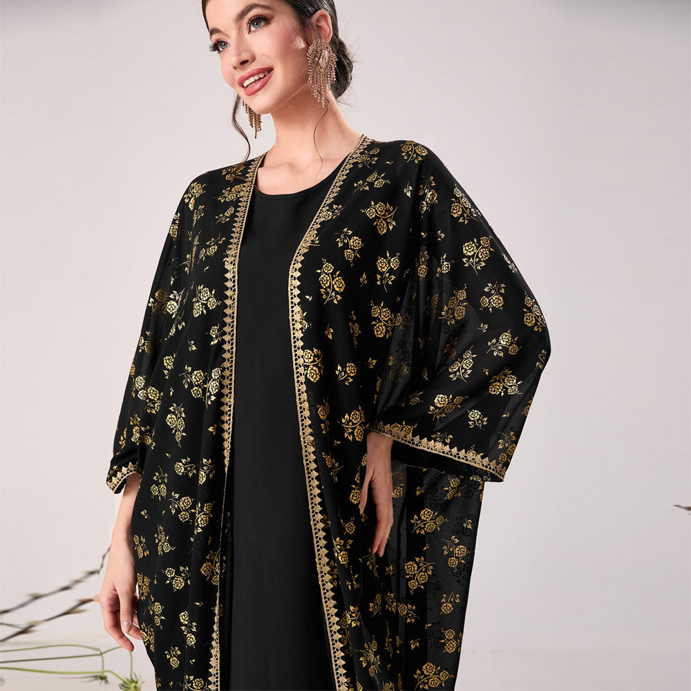 Elegant black floral kimono with gold accents in langry fashion ملابس