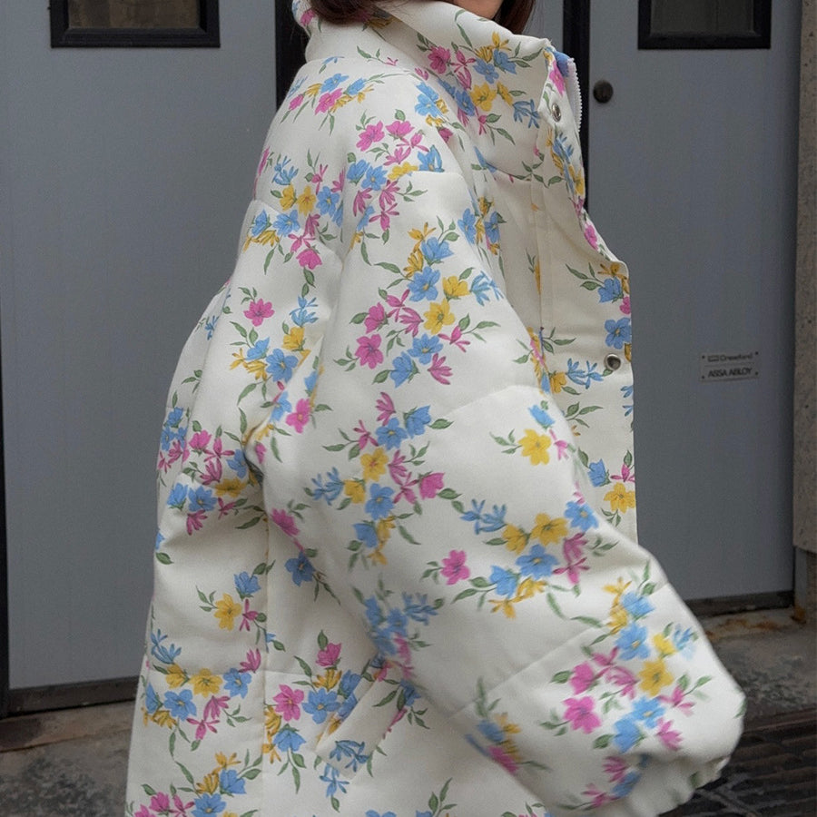 Thermal cotton padded jacket with floral print on white background