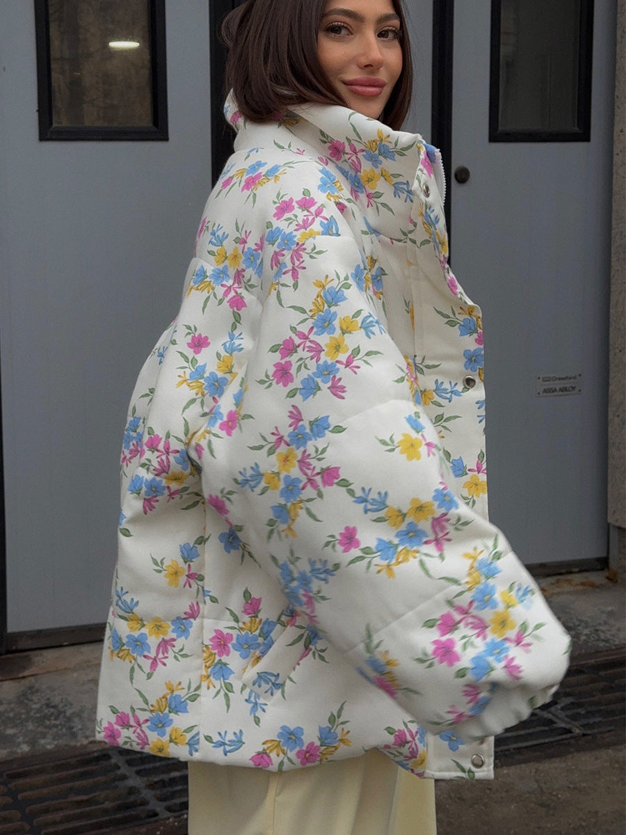 Thermal cotton padded jacket with floral print on white background