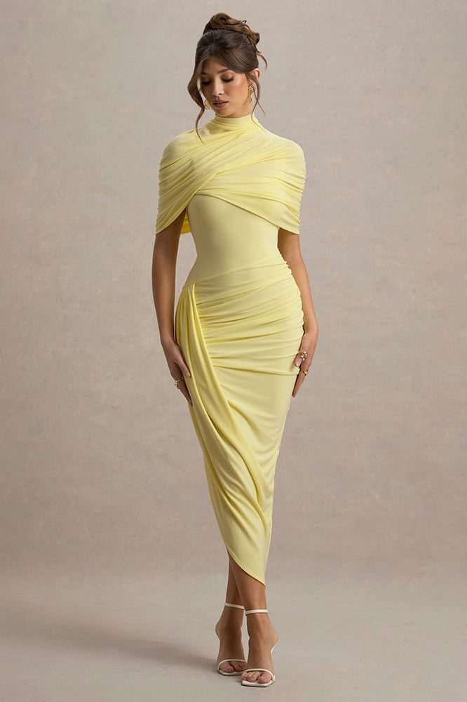 Elegant slim pleated yellow jersey dress with high neckline