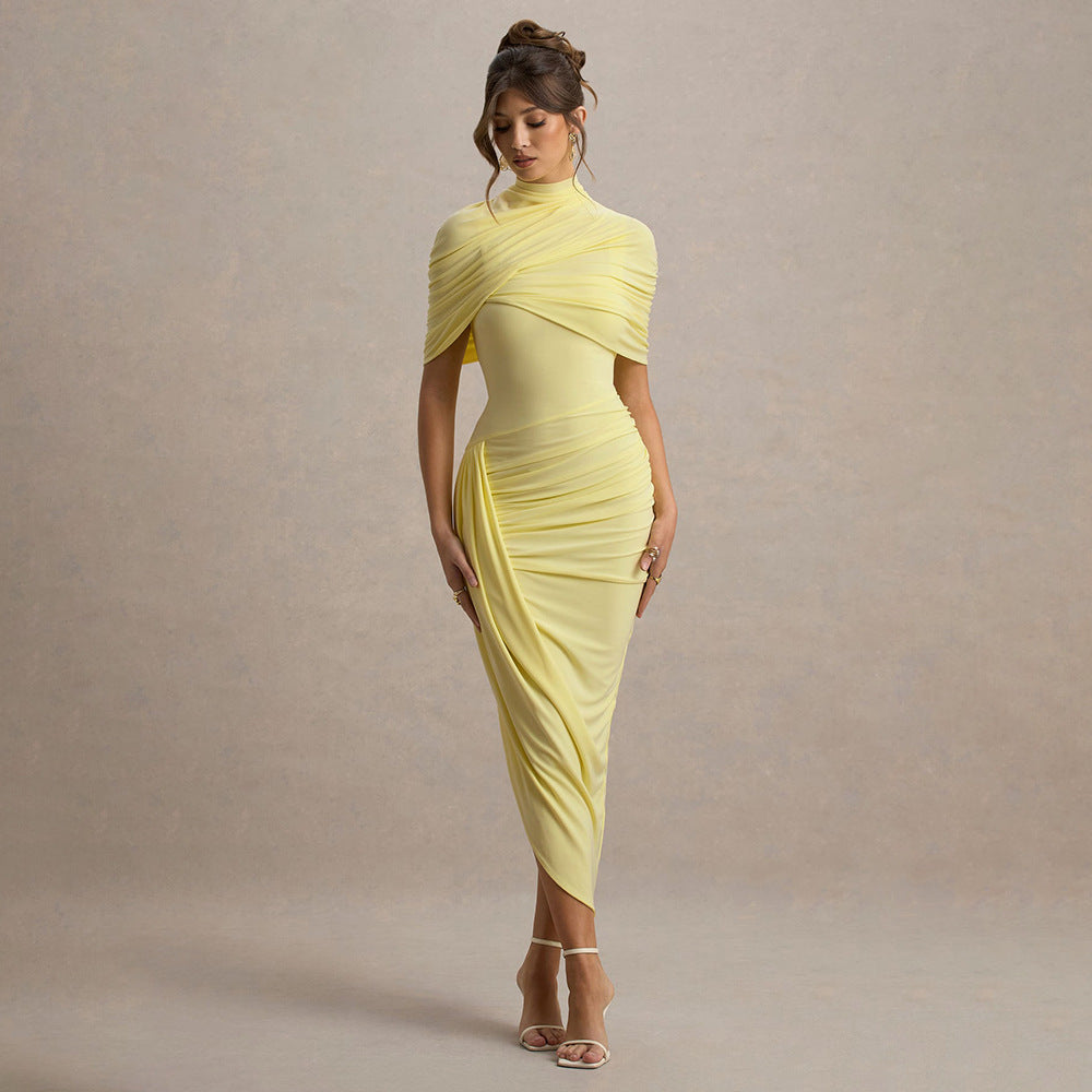 Elegant slim pleated yellow jersey dress with high neckline