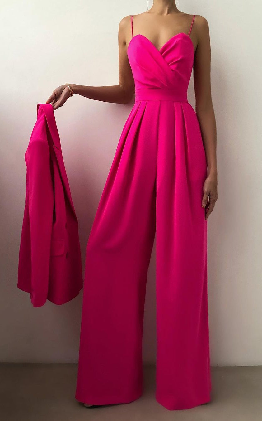 Hot pink strapless jumpsuit with wide-leg pants, a perfect addition to modern fashion ملابس