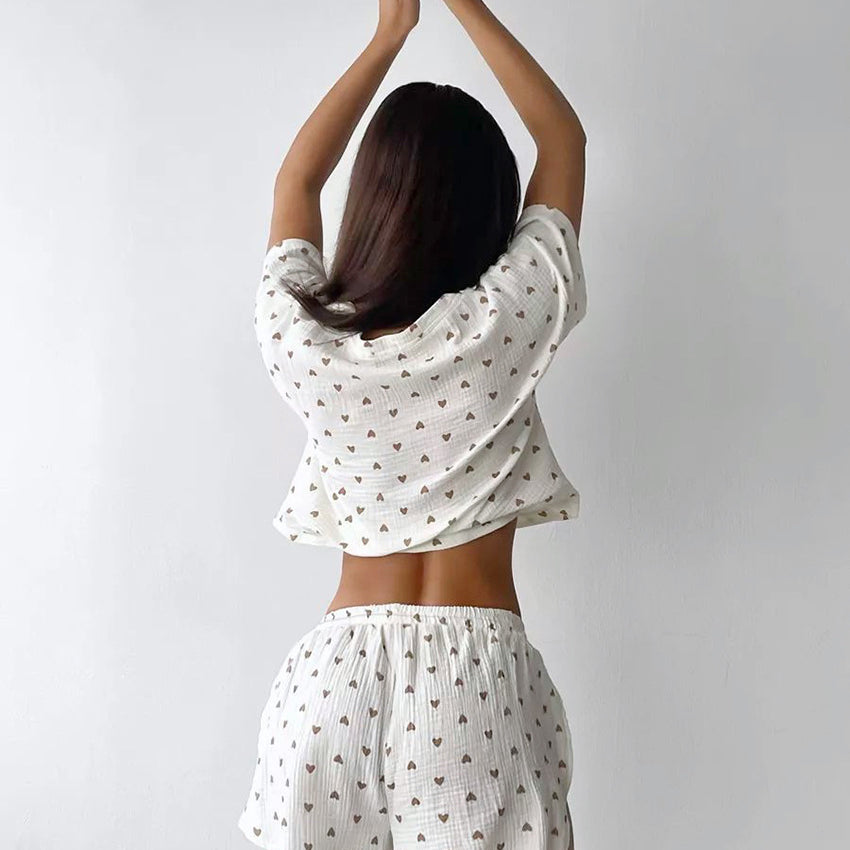 White cotton linen summer pajama set with small heart patterns and slit shorts